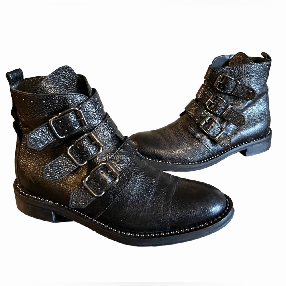 Napoleoni Leather Studded Buckle Moto Boots